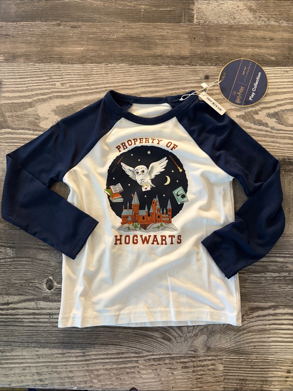 NWT Little Sleepies Navy & White Property of Hogwarts Owl Play Collection Tee